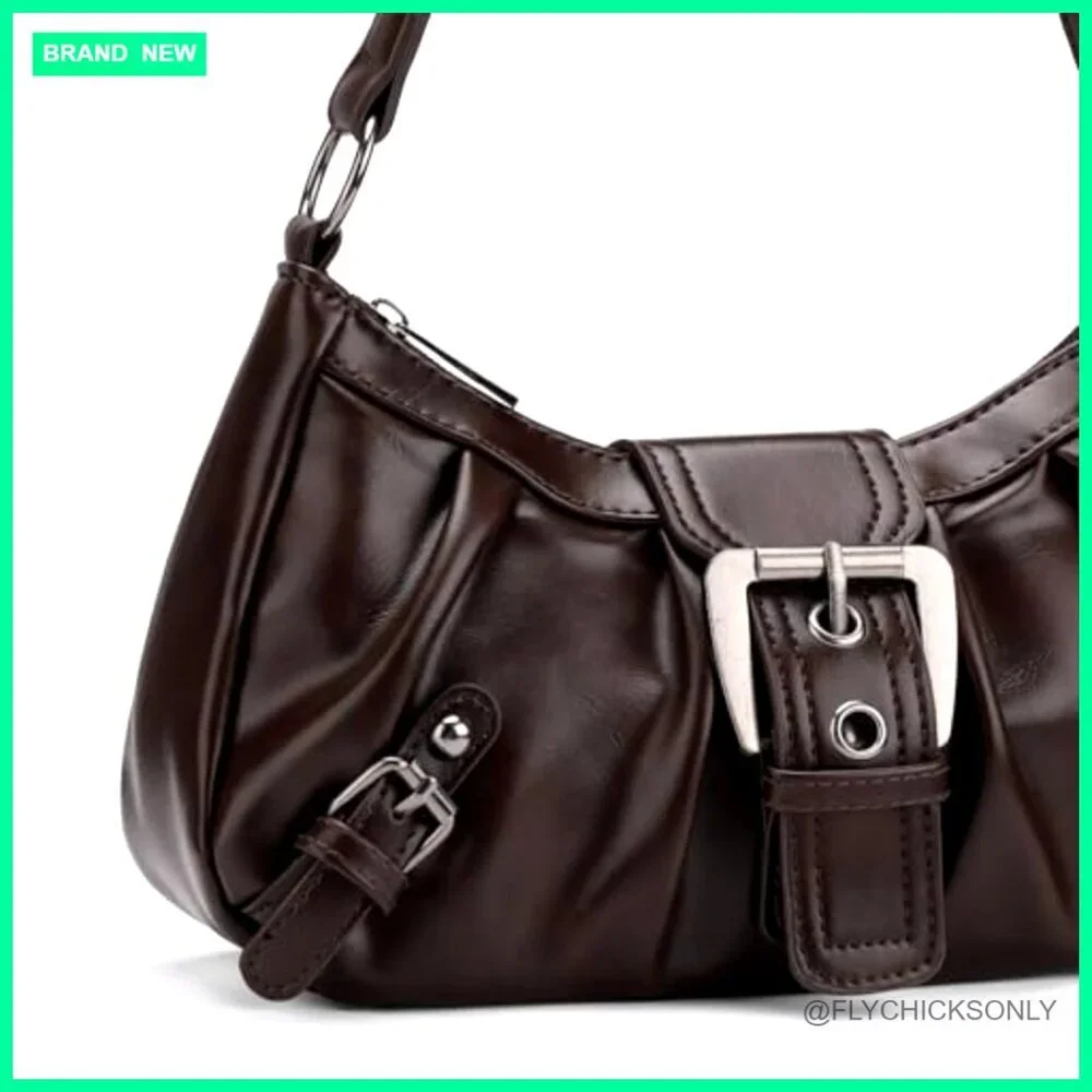 Vegan Leather Hobo Shoulder Bag with Zipper and Buckle Closure